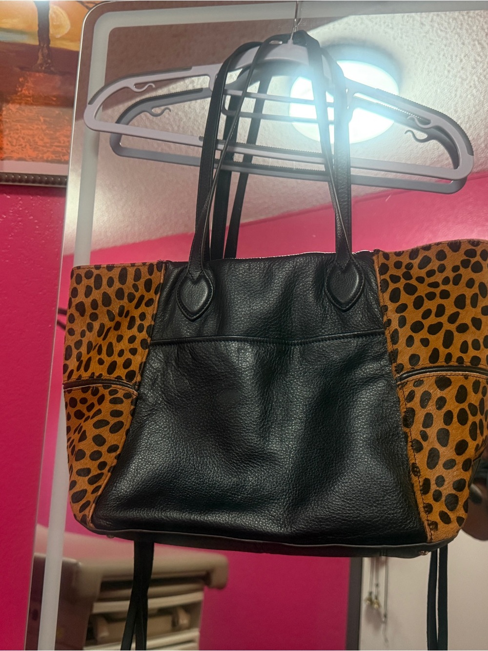 Aimee Kestenberg Black Leather Tote with Brown Leopard Panels
